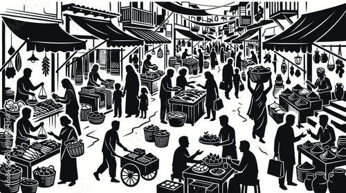 Black and White Line Art of Bustling Outdoor Market with People and Food Stalls