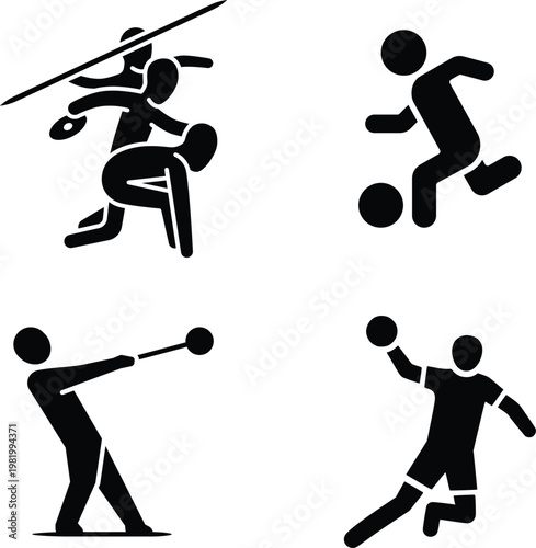 Active Sports, Competition, and Teamwork Black Solid Vector Silhouettes icon set