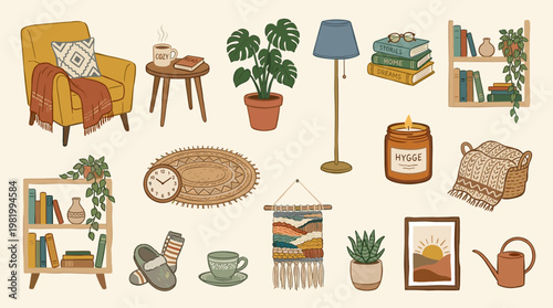 Cozy home interior decor elements arranged in a flat lay style, featuring a comfortable armchair, books, plants, and warm lighting for a hygge atmosphere.