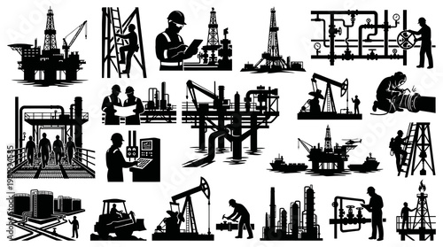 Oil and Gas Industry Icons: Offshore Platform, Rig, Workers, Machinery, Black  White