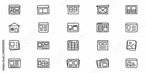 A set of minimalist line art icons representing various web pages and documents