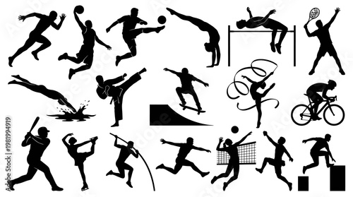 Diverse Sports Silhouettes: Athletes in Action - Black  White Vector Art