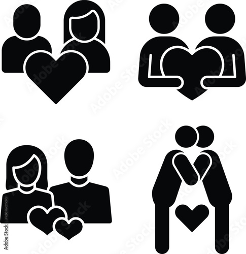 Containing people, friendship, social, diversity, village, relationships, support, breakup and community development icons. Solid vector icon collection