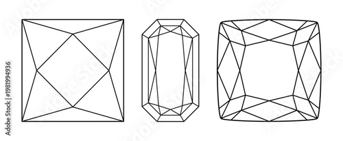 Princess, Radiant, Cushion diamond cut shape. Design diagram. Princess, Radiant, Cushion brilliant. Gemstone outline icons for jewellery design, branding, packaging, logo. Diamond pad shape top view.