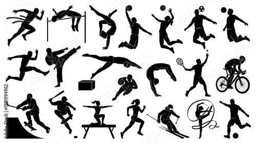 Diverse Sports Silhouettes: Action, Athletes, Competition, Health, Fitness