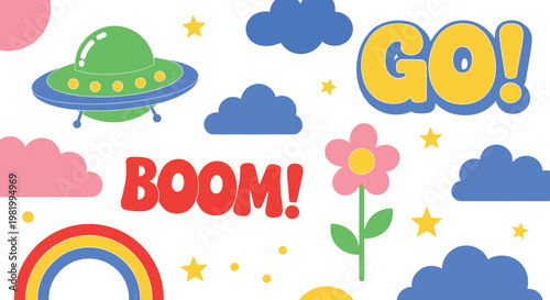 Colorful cartoon sticker set with UFO rainbow clouds flowers stars and comic boom go elements playful kids style
