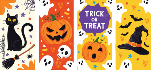 Halloween Banner Set Featuring Black Cat Pumpkin Ghost Witch Hat and Spooky Elements in Colorful Cartoon Style Design Collection