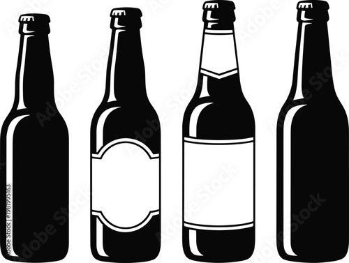 Set of four stylized wine and beer bottles in minimalist black and white silhouette illustration