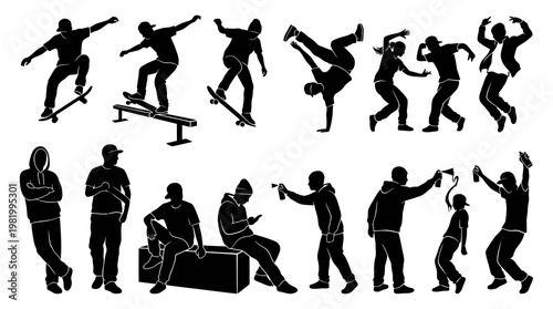 Black  White Silhouettes of Urban Youth Culture: Skateboarding, Dancing, Graffiti Art