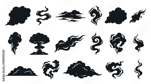 Black Silhouette Smoke, Cloud, Steam  Explosion Glyph Icons Set - Atmosphere  Pollution Elements