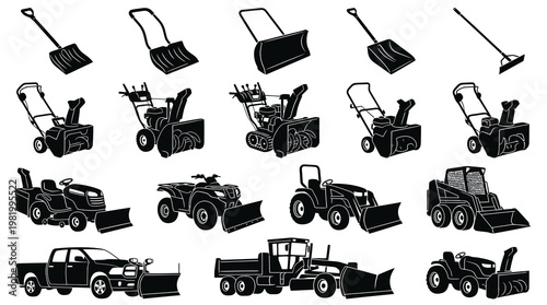Winter Snow Removal Equipment Silhouette Icons - Plows, Blowers, Shovels, Vehicles Set