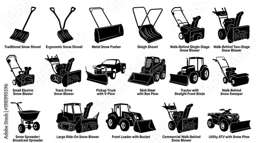 Snow Removal Equipment Icons Set: Shovels, Blowers, Plows, Tractors - Black  White Vector