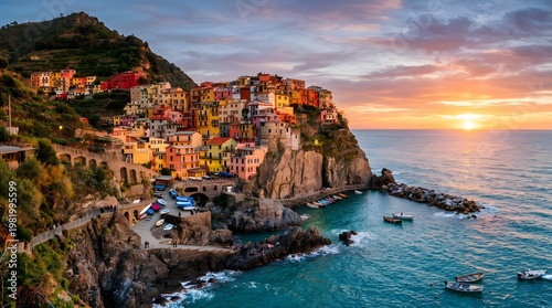 Sunset over Manarola Village, Cinque Terre, Italy, Coastal Town and Mediterranean Sea