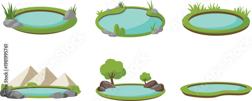 set of six minimalist pond illustrations with aquatic plants and natural scenery flat design