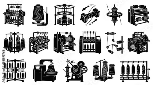 Textile Industry Manufacturing Equipment Glyph Icons Set: Thread, Yarn, Spools, Weaving Machines