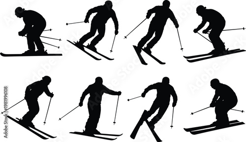Silhouette sequence of skier in motion on snowy slope at dusk with dynamic poses