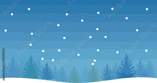 Winter snowflakes falling on blue sky with pine trees and snow-covered ground at dusk