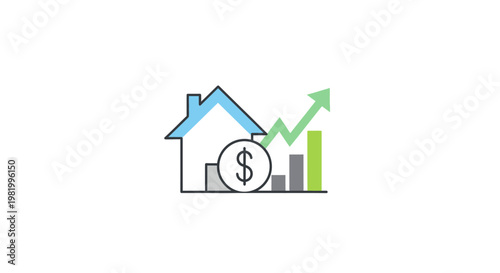 Real estate market growth illustration with house dollar sign and upward arrow