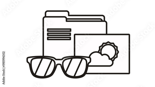 Black line art vector illustration featuring a file folder, a photograph of a sun and cloud, and a pair of sunglasses, representing travel planning, vacation memories, or summer holiday organization.