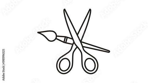 Black and white vector icon illustration of a pair of scissors and a paintbrush crossed, representing art, craft, design, creativity, and DIY projects in a minimalist line art style.