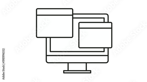 Minimalist black line art vector icon illustration of a computer monitor with overlapping browser windows or code editor tabs, symbolizing web development, software programming, and UI design.