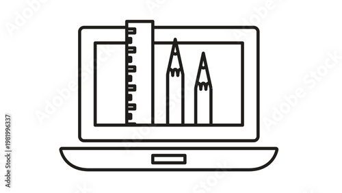 Fotografía Minimalist black line art vector icon of a laptop computer with a ruler and pencils on the screen, symbolizing digital graphic design, architecture, creative software, and online education