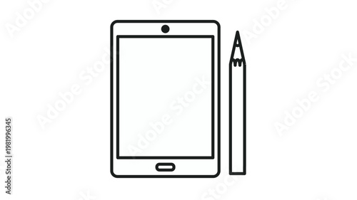 Minimalist black line art vector icon of a digital tablet with a stylus or pencil, representing digital art, graphic design, mobile technology, and creative drawing on a white background.