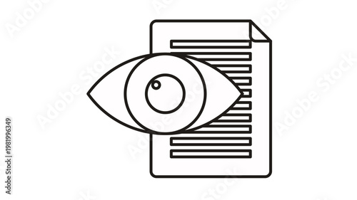Black line vector icon of a human eye superimposed over a document page, representing file preview, data monitoring, document review, information privacy, surveillance, and auditing concepts.
