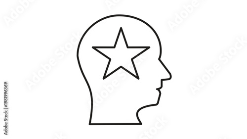 Minimalist black line vector icon illustration of a human head profile with a star inside, symbolizing talent, celebrity, creative inspiration, intelligence, mental health, and bright ideas.