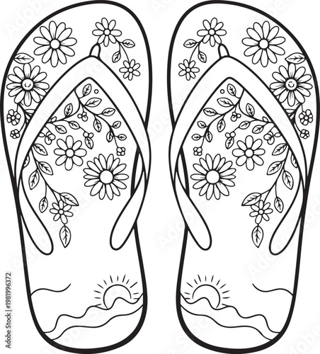 Black-and-white outline of floral flip flops featuring daisies, leaves, sun and waves, ideal for coloring pages, craft projects, summer designs, apparel mockups, scrapbooking and digital downloads