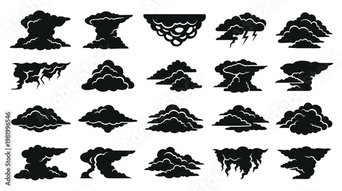 Weather and Storm Clouds Vector Glyph Icons Set. Nature, Smoke, and Danger Silhouette Collection.