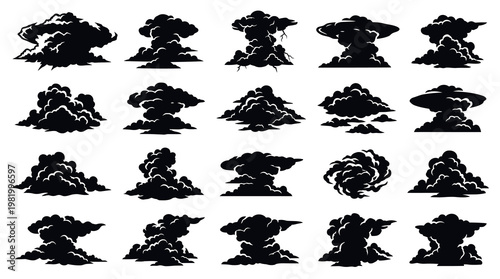 Black Silhouette Mushroom Clouds, Explosions, Nuclear Bomb, Vector Art