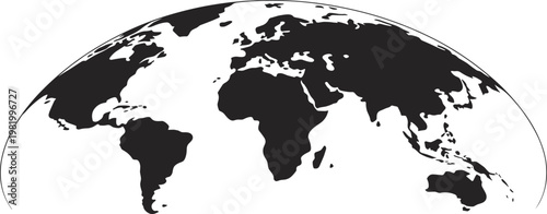 Curved world map silhouette illustration showing global continents on spherical earth, representing geography, international travel, and worldwide connectivity concept