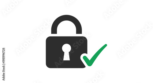 Secure padlock with a check mark indicating verification on a white background