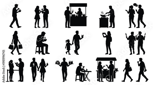 Black and White Silhouettes of People Eating at Food Stalls, Stock Vector Art