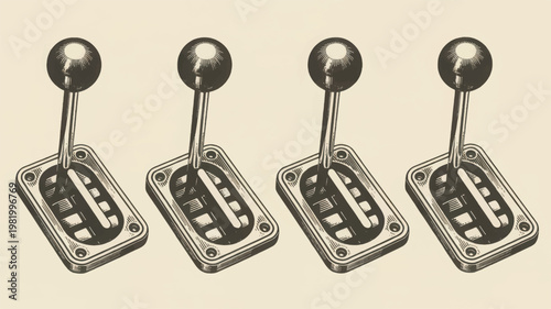 Four vintage automatic gear selector levers in a row on a sepia background, keywords: gear selector, automatic transmission, car