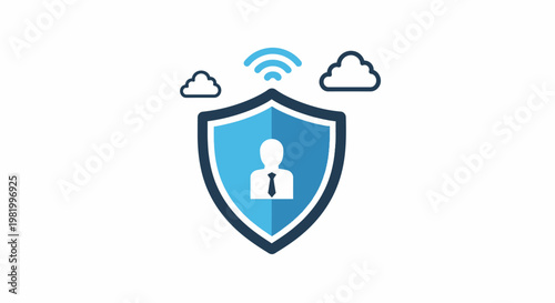 Shield icon with human silhouette and wi fi symbol on white background