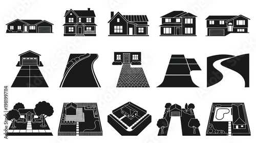 Black and White House and Driveway Icons, Vector Graphics