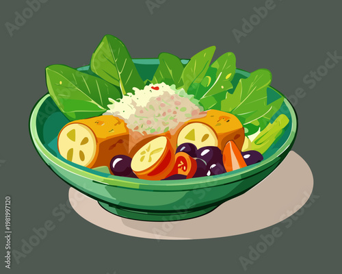 Steamed rice bowl topped with savory egg and fresh vegetables served on a dark gray ceramic plate - Vector Illustration