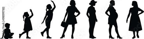 Female growth stages silhouettes from child to adult and pregnancy, illustrating life cycle, development, motherhood, and aging process concept