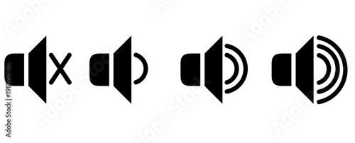 Speaker volume icon set with mute and low to high sound levels in solid style