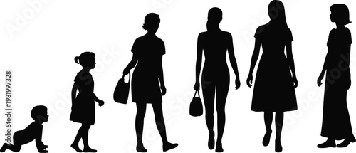 Female life stages silhouette from baby to adult woman, illustrating growth, aging process, lifestyle evolution, and human development concept