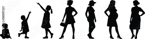 Female life stages silhouettes from child to pregnant woman, illustrating growth, motherhood, aging process, and human development lifecycle concept