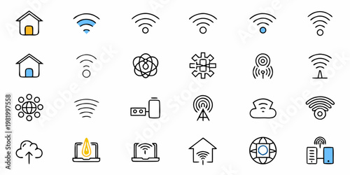 A set of vector icons representing various wireless internet and connectivity symbols