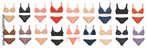 Set of lingerie woman underwear. Bikini bra panties clothes. Women swimwear, underpants. Vector flat illustration