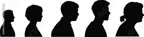 Human head profile silhouettes showing age progression from child to adult, illustrating growth, aging, identity, and lifecycle development concept