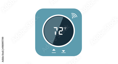 Smart thermostat with digital display showing 72 degrees against white backdrop