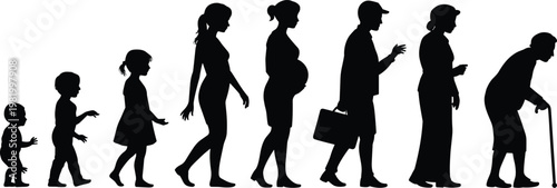 Human life stages silhouettes from child to elderly, illustrating aging process, growth, development, and lifecycle progression concept