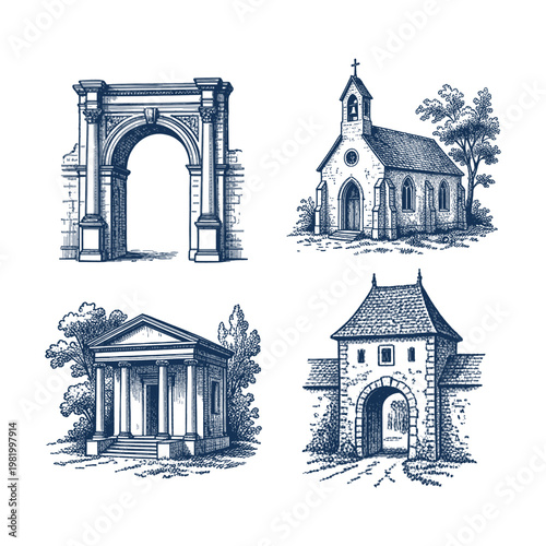 Ancient architectural monuments set with arch temple and church engraving