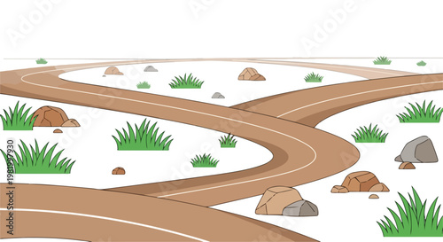 Winding brown dirt road with green grass and rocks vector illustration